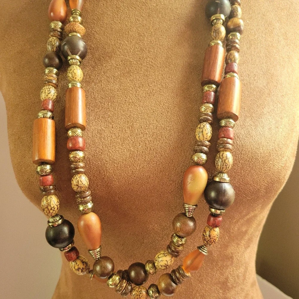 Multicolor Beaded Wood Resin Belt Necklace 38 Inch Adjustable Size EthnoCore